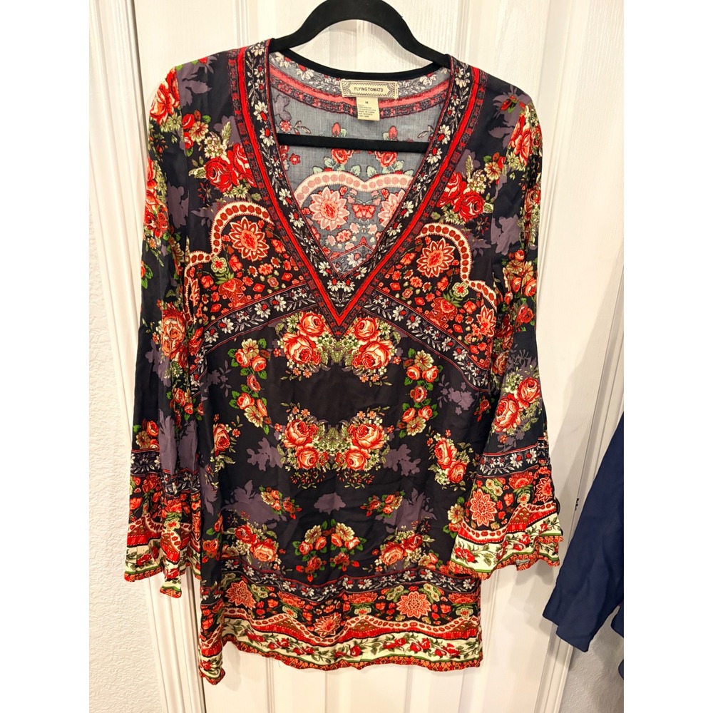 Flying Tomato Tunic Top Black Red Floral Paisley Boho Bell Sleeve ID14380